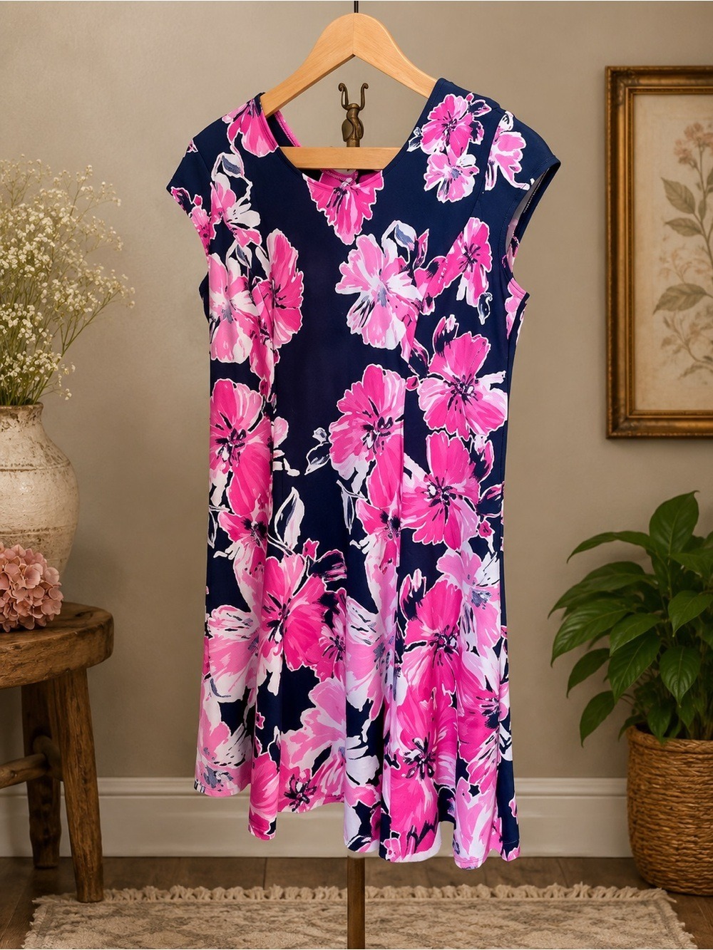 🌸 TanJay Petite 8P ( Petite Medium) Navy A-Line Floral Dress w/ Pink Blooms